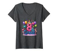 8 y Gran celebración de cumpleaños para los Amantes de los Unicornios mágicos Camiseta Cuello V, Mujer, Jaspeado Oscuro, S