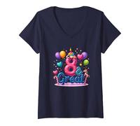 8 y Gran celebración de cumpleaños para los Amantes de los Unicornios mágicos Camiseta Cuello V, Mujer, Azul Marino, S