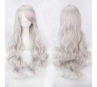 80 cm largo ondulado gris plata beige beige cosplay peluca fiesta de disfraces mujeres Halloween 80 cm rizado rubio negro pelucas sintéticas peluca de plata común K027-5