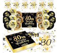 80 Cumpleaños Mujer Hombre Adornos, 80th Happy Birthday Decoracion Negros Dorados Globos Servilleta Linterna Confeti, Regalo y Birthday Decoración Mujer Hombre 80 Años (Decoración Mesa 80 Cumpleaños)
