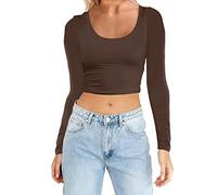 80 Él Jahre Outfit Frauen Mode leichte Yoga Crop Tops Slim Fit Langarm Workout T-Shirts Bluse Damen Weihnachten, marrón, L
