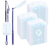 80 paños de recambio magnéticos para polvo compatibles con Swiffer, incluye mango plegable y barra telescópica, juego de plumeros contra el pelo de animales y el polvo (80 paños + 2 asas, azul)