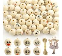 80 Pcs Sonrisa Cuentas de Madera, Cuentas de Madera Natural, Cara Bolas Madere Manualidades, Cuenta Redondas de Madere para bricolaje, Artesanía y Fabricación de Joyas