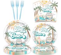 80 PCS Summer Beach The Big One Tableware Boy Surfing 1st Birthday Paper Plates Nairas de servilletas Sinterware para Surf Board Sun Retro Van Wave T