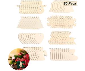 80 piezas de colgantes de madera para decoración de árboles de Navidad, 8 tipos de colgantes de madera para manualidades, colgadores de deco
