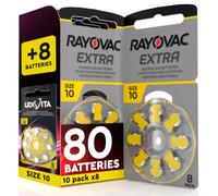 80 Pilas para Audífonos Talla 10 Rayovac Extra + 8 Pilas Udivita | 10+1 Packs de 8 Baterías de Audífono