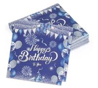 80 Servilletas Cumpleaños, Servilletas Happy Birthday Azul y Plata | Servilletas de papel de 2 capas, suaves, con globos y fuegos artificiales, 33 x 33 cm para decorar la mesa