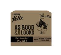 Felix | Tiernas afiladas | en Jalea | Alimentación Completa | Gato Adulto | con atún, salmón, Carne de Res y Pollo | Bolsas Frescas | 80x85g