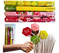 80 Varillas de Incienso Natural de la India - Pack Temático: Respiro Fresco de la Naturaleza - 4 Aromas: Limón, Citronela, Fresa y Frutos Rojos - Larga Duración 50 min - Incluye Bolsa Anti-Humedad