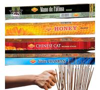 80 Varillas de Incienso Natural sin Tóxicos + Bolsa Antihumedad - Pack Orgánico de Larga Duración para Meditación, Yoga, Sahumerios y Aromaterapia - Miel, Gato Chino, Fátima, 7 Chakras