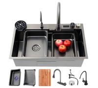 80 x 45 cm Wide Waterfall Kitchen Sink - Large Black Stainless Steel Basin with Extendable Tap Glass Rinser Drain Pipe And Multi-Function Workstation Design