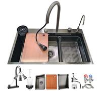 80 x 50 cm Black Stainless Steel Kitchen Sink - Topmount Waterfall Bar Sink with Large Capacity Multifunctional Tap Drip Basket Chopping Board & Pressure Washer.