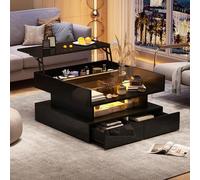 80 x 80 x 45 cm, mesa de café ajustable en altura con espacio de almacenamiento oculto y 2 cajones, mesa de sofá con luces LED, mesa auxiliar de salón de alto brillo, mesa auxiliar de salón de vidrio