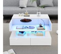 80 x 80 x 45 cm, mesa de café ajustable en altura con espacio de almacenamiento oculto y 2 cajones, mesa de sofá con lámparas, mesa auxiliar de salón de alto brillo, mesa auxiliar de salón de vidrio