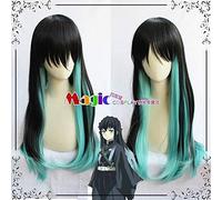 80CM Demon Slayer: Kimetsu no Yaiba Tokitou Muichirou Cosplay Peluca Largo Gradiente Negro Azul Recto Pelo sintético + Gorra de peluca