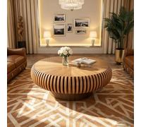 80cm Mesa De Centro Redonda Acanalad,Mesa De Centro Madera | Mesa De Centro Circular Madera Con Base Resistente,Para Sala De Estar,Con Diseño Acanalado,Estilo Tambor,Fácil De Montar