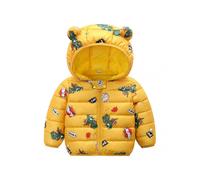 (80cm,Yellow)Kid\'s Winter Puffer Jacket Printed Short Coat with Bear Ear Hood Zipper Closure