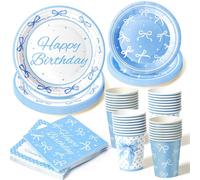 80pcs Azul Platos y Vasos para Cumpleaños 20 Personas Vajilla Cumpleaños Infantil Servilletas Papel Platos Cubiertos Happy Birthday Lazo Azul Cumpleaño Niñas y Mujeres