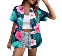 80s 90s Hawaii Bluse Button Up Shirt Vintage Retro Hawaiian Strandhemd Neon Disco Blumen Hemden Funny Party Hemdbluse Kurzarm Funky Disco Outfit Sommer Urlaub Strand Hawaiibluse, azul oscuro, XXL