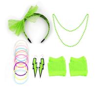 80s Accesorios de Traje,16pcs Disfraz Años 80 Mujer, AccesoriosMujer de Ropa Años 80 Disfraz,Guantes de Rejilla,Collar, Pulsera, Diadema y Pendientes de Neón para Carnaval Party Cosplay (Verde)
