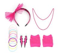 80s Accesorios de Traje,16pcs Disfraz Años 80 Mujer, AccesoriosMujer de Ropa Años 80 Disfraz,Guantes de Rejilla,Collar, Pulsera, Diadema y Pendientes de Neón para Carnaval Party Cosplay (Rosa)