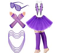 80s Costume Set for Women - Fancy Dress Outfit with Neon Accessories, Necklace, Blinds Glasses, Earrings, Fishnet Gloves, Leg Warmers, Tutu Skirt | Retro 1980s Party Wear, Themed Event Costume