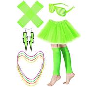80s Costume Set for Women - Fancy Dress Outfit with Neon Accessories, Necklace, Blinds Glasses, Earrings, Fishnet Gloves, Leg Warmers, Tutu Skirt | Retro 1980s Party Wear, Themed Event Costume