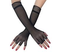 80s Guantes de rejilla para las mujeres, la mitad del dedo guantes de malla elástica, hasta el codo de Halloween Cosplay Guantes de rendimiento