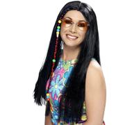 80s Hippie Peluca Con Cuentas Negro Largo Adulto Disfraz Hippy Accesorio