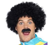 80's Scouser Negro Peluca Afro + Bigote Set Hombre Tach Kit 118 Disfraz