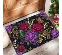 80X120Cm Felpudo Entrada Interior Antideslizante Flor Misteriosa Cielo Estrellado, Peonía Vintage Mariposa Alfombra De Microfibra Suave Lavable Con Base De Tpr Para Cocina Puerta Mascotas, Rojo Oscuro