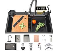 80x50cm Fregadero De Cocina De cascada Acero Inoxidable Negro, 1 Cubeta Con Nanorrevestimiento Y Grifo Extraíble, Para Montaje Superior, Incluye Lavavasos, Canasta De Drenaje De Accesorios
