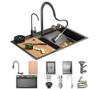OMGMTSTORE 80x50cm Fregadero De Cocina En Cascada Fregadero De Cocina De Acero Inoxidable De Un Solo Tazón Fregadero De Estación De Trabajo con Grifo ExtraíBle 3 En 1 Y Juego Completo De Accesorios