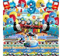 81 Piezas Thomas 3 Años - Vajilla, Globos, Decoración de Tarta y Fondo de Cumpleaños - Happy Birthday Banner