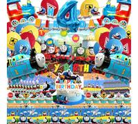 81 Piezas Thomas Decoración 4 Años, Vajilla y Globos de Cumpleaños, Fondo y Tarta Thomas, Happy Birthday Banner