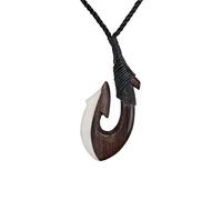 81stgeneration Colgante Hei Matau Largo de Hueso y Madera Tallada | Accesorio Surfero para Hombre | Collar de Cordón con Anzuelo Maorí | Joyería Tribal de Madera para Mujer
