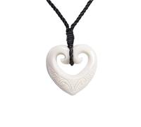 81stgeneration Collar Grande con Colgante de Corazón Doble Koru de Hueso Tallado | Accesorios Surferos para Hombre | Collar Tribal de Cordón Negro Hecho a Mano | Joyería Natural Maorí para Mujer