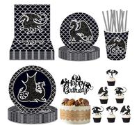 82 Piezas Dragón Vajilla Cumpleaños Decoracion, Incluye Platos, Tazas, Pajitas, Servilletas e Cupcake Topper Para Tarta Para Una Fiesta Temática De Dragón Negro Tiene Capacidad Para 8 Invitados