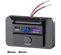 83W 12V/24V Panel Toma USB Cargador Coche Empotrable:Doble USB 65W PD Type-C y QC Enchufe Adaptador Coche con Interruptor y Pantalla Voltaje/Corriente para MacBook,Portátil,iPhone,Autocaravana,Barco