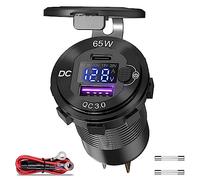 83W 12V USB Toma de Corriente, Aluminio 65W PD USB-C Portátil Cargador Zócalo y 18W QC3.0 Coche Puerto USB con Voltímetro Digital Botón Interruptor Inteligente de Refuerzo para Coche RV Barco Marino