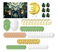 84 piezas de decoraciones de Ramadán, kit de arco de guirnalda de globos en blanco y verde, fondo de Eid Mubarak, globo de aluminio de luna, globos de varios tamaños, hojas artificiales, herramientas