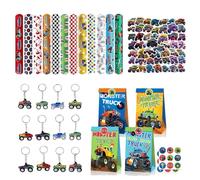86 piezas Monster Truck cumpleaños de la fiesta Mitgebsel, Rennauto regalos de la fiesta, monstruoso camión cumpleaños con camión regalos colgantes de llaves tapa pulseras pegatinas