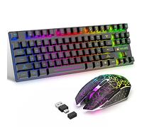 87 Llaves Combo de Teclado inalámbrico y ratón Arco Iris retroiluminado Teclado de Juego de sensación mecánica Recargable 2.4G + Ratón LED para Juegos de 2400DPI + Alfombrillas de ratón (Negro)