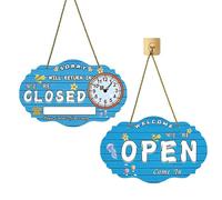 8Gnituhs Letrero Azul Abierto Cerrado con Reloj, Doble Cara de 40x25cm de Vinilo, para Ventana, Puerta, Tienda y Oficina de Negocio, Letrero de Volveré Pronto, Vengan Estamos Abiertos, Vuelvan Pronto