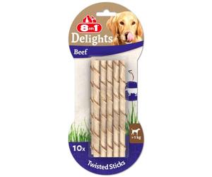 8in1 Delights Beef Twisted Sticks - Varillas para Masticar saludables para Perros sensibles, Carne de Vacuno Envuelta en Piel de Vacuno, 10 Unidades
