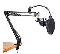 8KLANMMQ Soporte de brazo de tijera para micrófono y abrazadera de montaje de mesa, protector de parabrisas de filtro NW y kit de montaje de metal