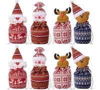8Pcs Christmas Knitted Doll Gift Bags, 2025 New Reusable Christmas Zipper Gift Bags, 3D Santa Claus Snowman Elk Bear Apple Bag with Drawstring for Holiday Party Gift Wrapping