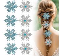 8Pcs Clips de Pelo de Copo de Nieve Brillantes | para Fiestas Cumpleaños Cosplay Frozen, Regalos Navidad, Vestido Princesa Vacaciones Invierno, Azul & Plata
