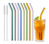 8Pcs Pajas de Cristal Reutilizables, Color Pajitas de Cristal Curvadas con 2 Cepillitos, Sin BPA Pajitas Coloreadas Curvados 20cm, Pajitas para Cócteles, Batidos y Zumos