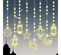 8uds Eid Decoraciones, Eid Mubarak Decoración Preencordada Ramadan Decoracion con Islámica Estrella Luna Linterna Fanous Patrones para Decoración del Hogar Islámico(Oro)